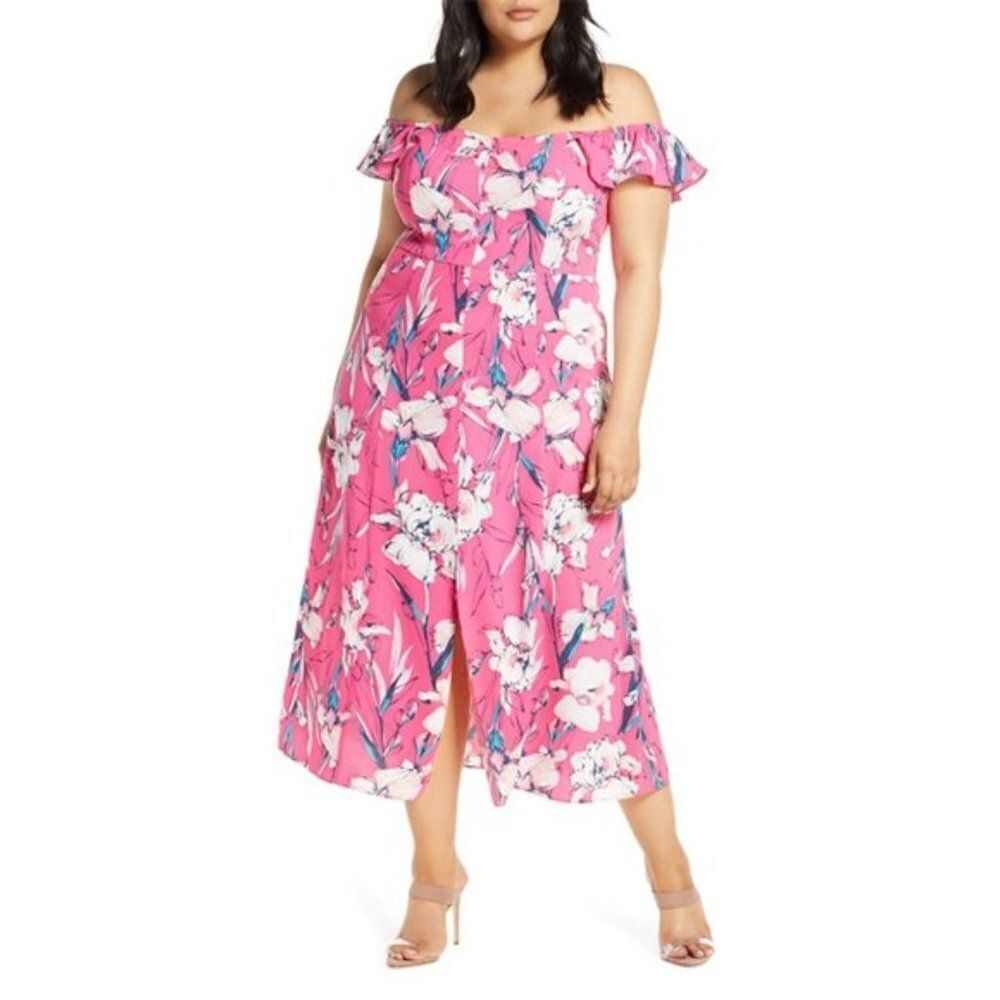 Leith Floral Flounce Detail Dress in Pink Magenta Inked Iris - NEW
